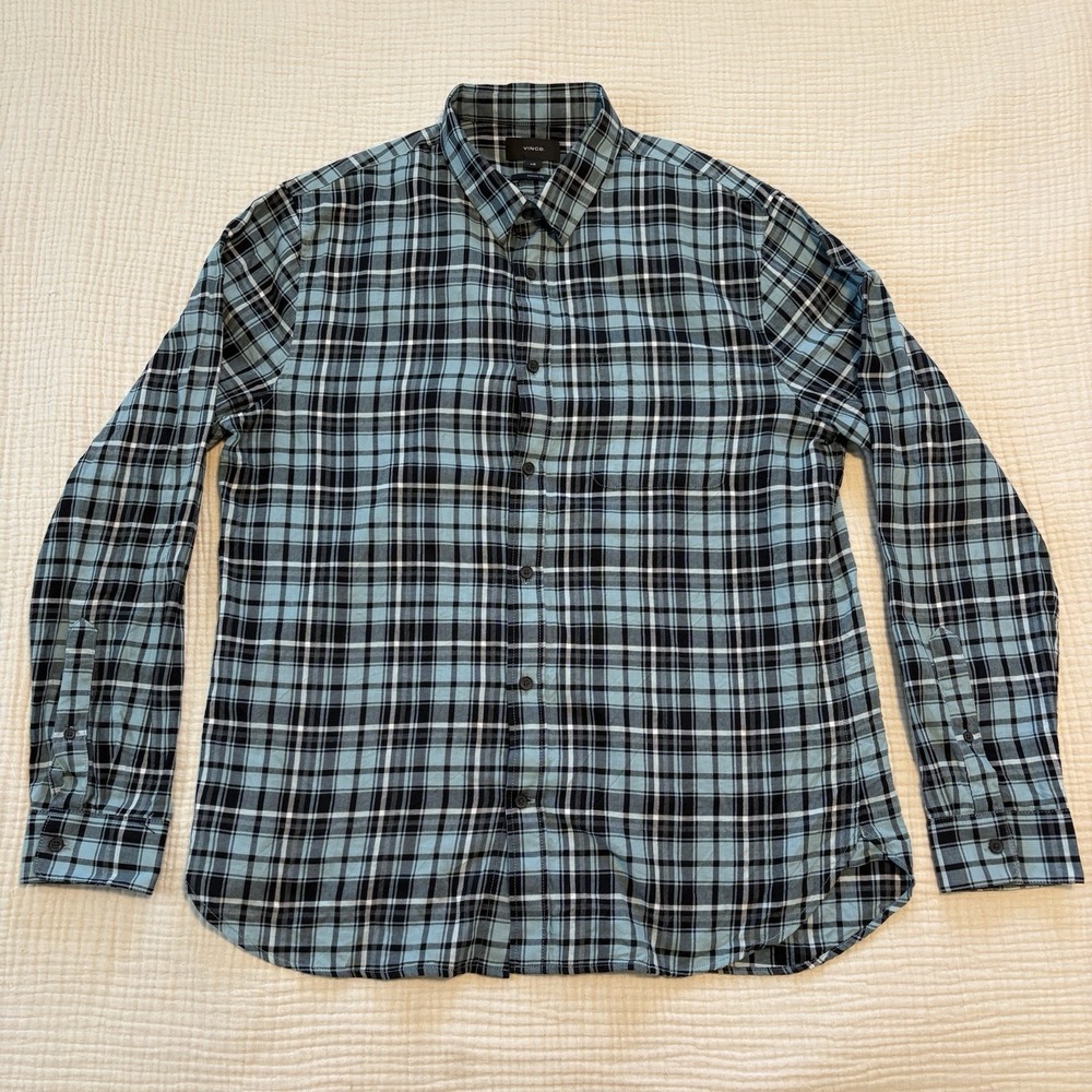 VINCE‎ Men's Button Up Long Sleeve Geometric Flannel Shirt Size Large Blue Plaid